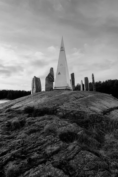 Solspeilet and its standing stones in a black and white photograph